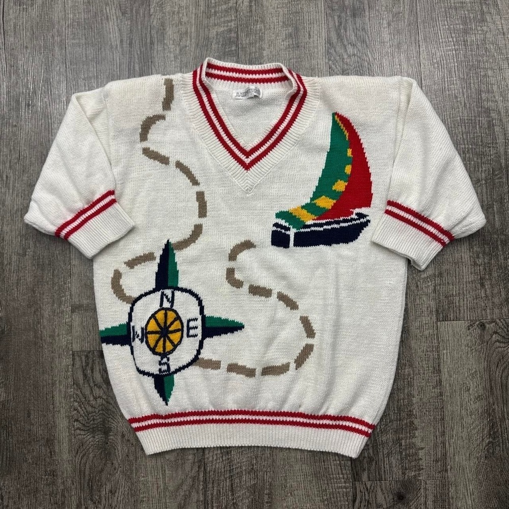 Vintage Nautical Sailing Sailboat Short Sleeve Grandma Sweater M*